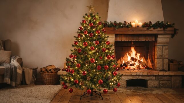 Festive Fireside Christmas: A beautifully decorated Christmas tree illuminated with warm fairy lights and adorned with red ornaments stands proudly in a cozy living room.