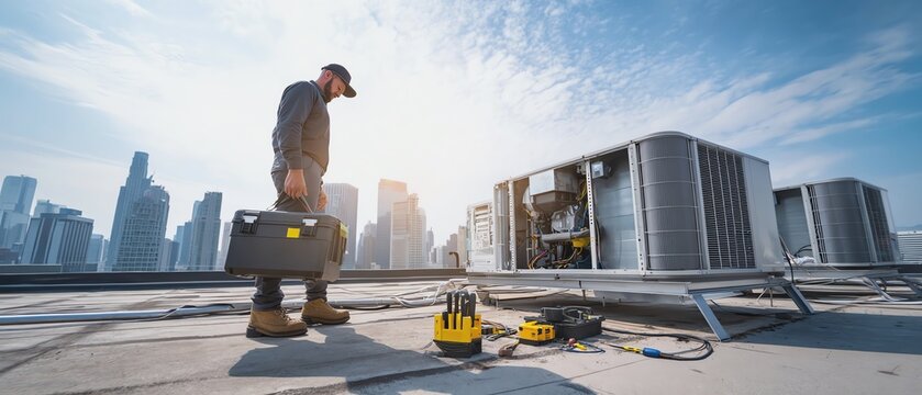 Technician inspecting rooftop air conditioning unit.