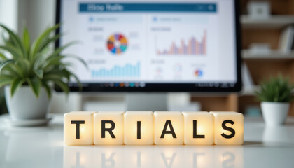 Obraz premium Healthcare research desk with TRIALS blocks below an analytics screen for clinical study charts, endpoint review, patient data and trial reporting.
