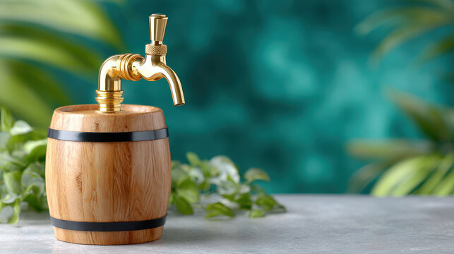 Petite wooden cask with gold faucet on light stone surface for artisanal drink dispenser styling and close up compositional shot with botanical accents