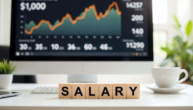 Stock market monitor with SALARY blocks on a white desk for income trend analysis, compensation forecasts, earnings growth and financial planning.