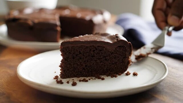 Delicious slice of rich chocolate cake served on a white plate with visible crumbs from the dessert