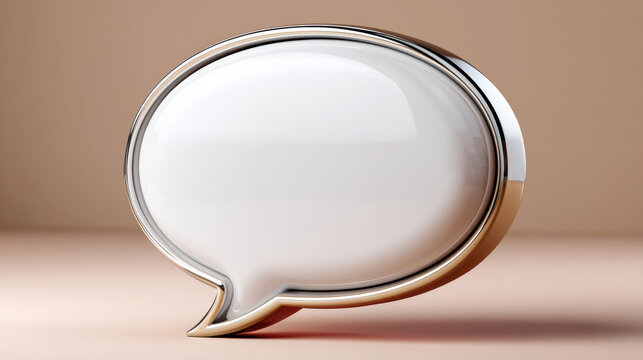 Metallic speech bubble object on neutral background for minimalist still life background and product display design