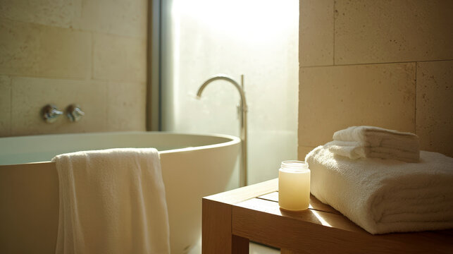 Bright home spa bathroom with white freestanding soaking tub and relaxing atmosphere for wellness retreat inspiration