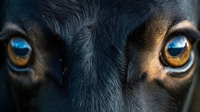 Close-up of a rescued dog's eyes showing relief and hope with warm amber irises and dark fur texture, emotional wildlife portrait capturing rescue moment, elegantly showcasing animal.