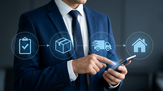 Businessman using mobile phone with digital delivery supply chain icons overlay