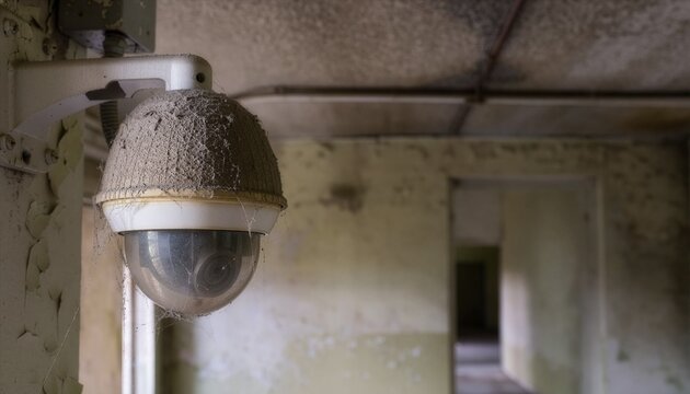 Abandoned CCTV security camera covered with thick dust, dusty lens causing blurred surveillance visibility, peeling wall and aged ceiling in the background.