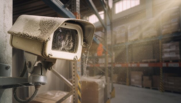 CCTV camera in a dusty warehouse environment, security camera covered with visible layers of dust, industrial shelves blurred in the background.