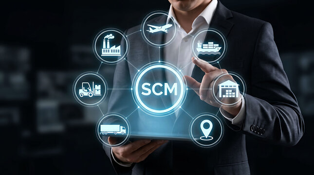 Businessman interacting with digital supply chain management SCM interface