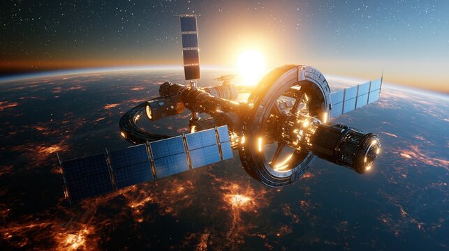 Futuristic Orbital Space Station with Solar Panels Shining Brightly Above Earth at Sunrise