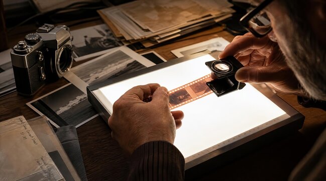Photographer inspecting film negative strip on light table
