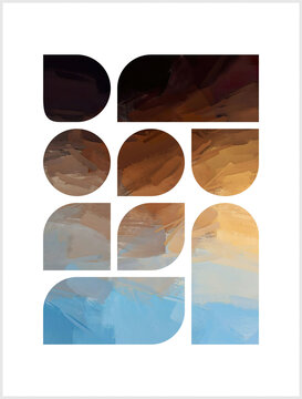Deep, shadowy umbers and warm ochres at the top descend into crisp sky and ocean blues below, evocative of a landscape transitioning from grounded earth to open sky. 23