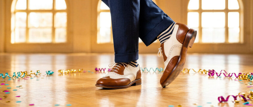 Dancer in brown shoes performing on a wooden floor with confetti  