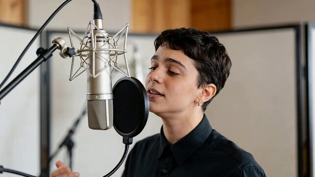 Taking breath, male singer in dark shirt recording into condenser mic in vocal booth
