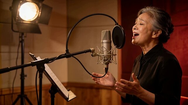 Singing senior woman following sheet music cue, recording vocal take in booth into mic, pop filter