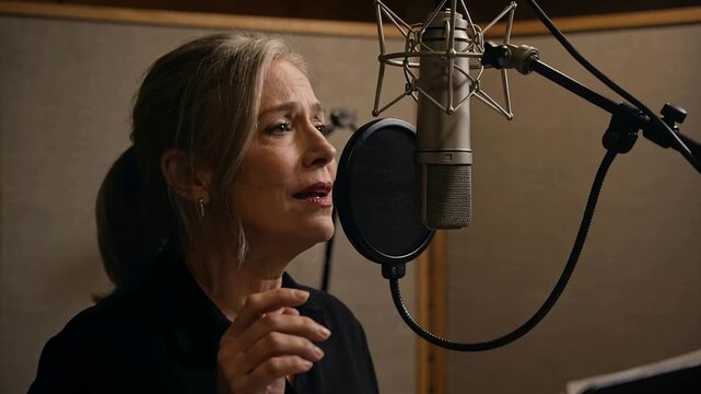 Responding to cue, woman in black blouse, gray ponytail projecting into vocal booth mic, recording