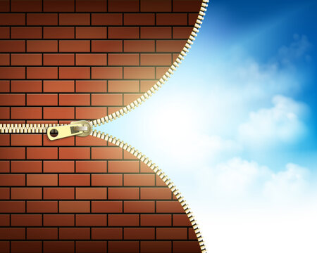 Blue sky with clouds and light behind a brick wall. Vector illustration.