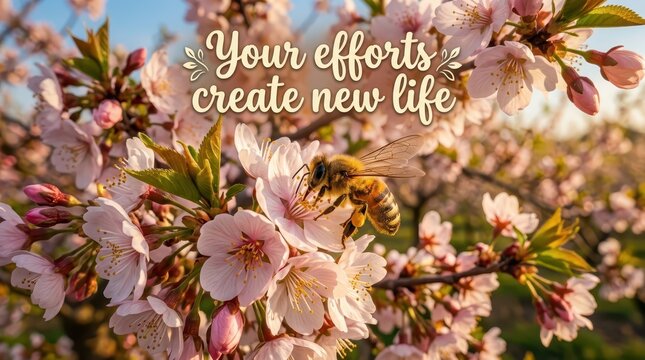 Honey Bee Pollinating Pink Cherry Blossom Flowers with Inspirational Quote Text Overlay