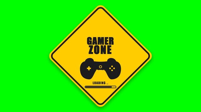 Yellow Gamer Zone Warning Road Sign with Gamepad Controller Icon and Loading Bar on Green Screen Background