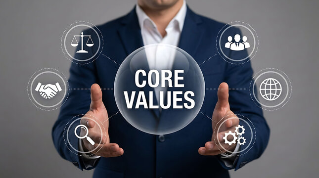 Businessman presenting core values concept with glowing icons on digital screen