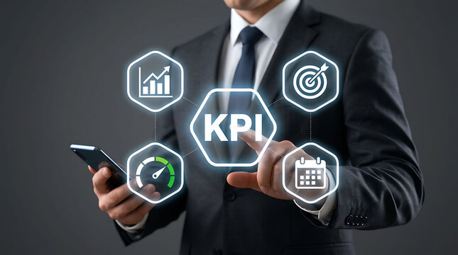 Businessman interacting with digital KPI performance metrics and analytics UI