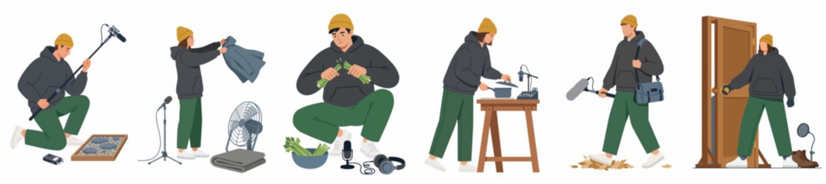 Set of illustrations showing a foley artist creating sound effects for film and media using everyday objects and professional recording equipment.