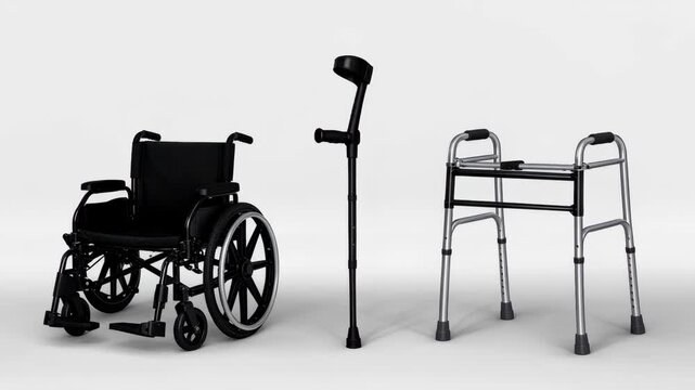 Wheelchair, walking cane, and walker for disability mobility on white