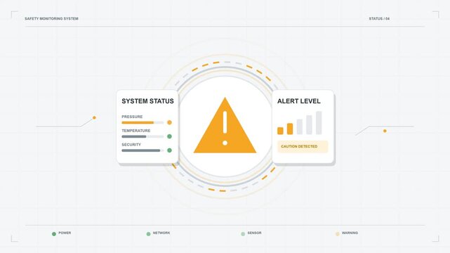 A digital interface shows a primary warning sign with dynamic graphs that represent current technical system status plus various alert levels to help operators maintain complete safety protocols