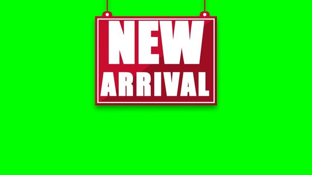 Red New Arrival Hanging Sign Animation on Green Screen Background for Video Reveal