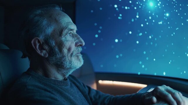 Responding to window display, senior in dark sweater tracing blue stars on side window in car