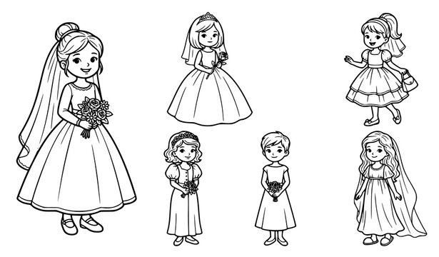 Cute Bride Flower Girl Coloring Page Wedding Dress Bouquet Veil Kids Character Set Line Art Illustration Collection