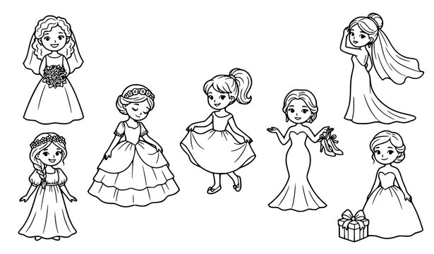 Bride Bridesmaid Flower Girl Wedding Coloring Page Dress Bouquet Veil Gown Character Set Line Art Illustration Collection