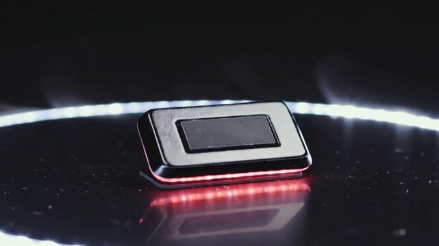 Small part shifting and settling flat on platform, vapor causing red glow and ring light glowing
