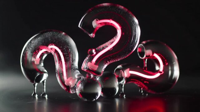 Pulsing tubes energizing three glass question-mark sculptures in dark studio, forming droplets