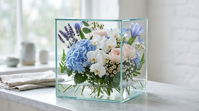 Beautiful arrangement of blue and white flowers in a square glass vase on a marble table