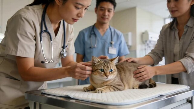 Placing tabby cat on exam mat, vet scrubs checking head with stethoscope for exam, owner calming