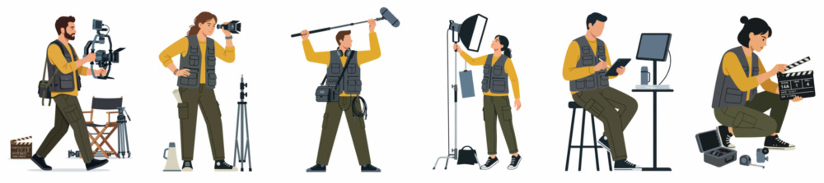 Professional film crew members and cinema equipment set including director, cameraman, boom operator, and lighting technician in flat vector illustration.