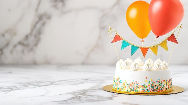 tier. A single-tier birthday cake with festive decorations isolated on a marble surface under soft overhead lighting. symbolizing life milestones and joyful moments.