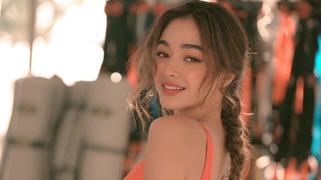 Beautiful smiling young fitness woman with braided hair turning around inside brightly lit modern gym