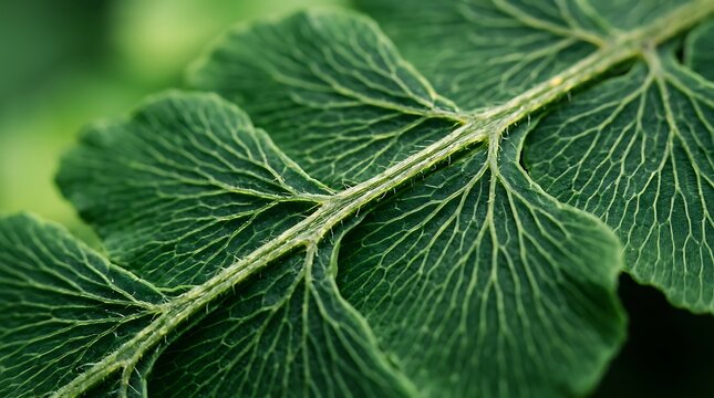 Macro close up of a fresh green fern leaf showing intricate leaf veins and textured surface pattern
