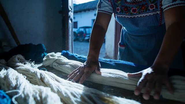 Placing skein artisan with blouse apron smoothing aligning fibers at table by doorway for weaving