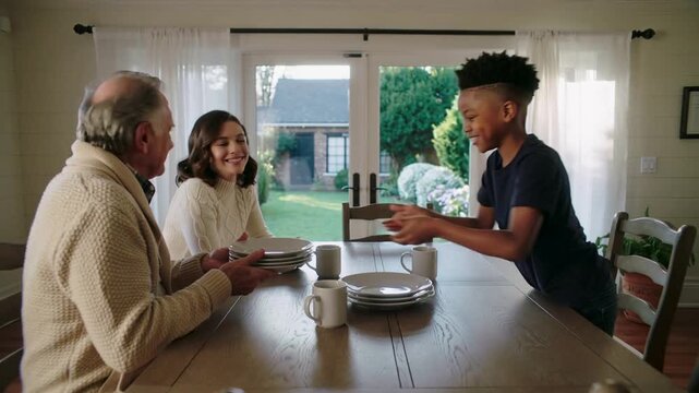Entering child carrying plates at table, handing stack to senior in cardigan for meal