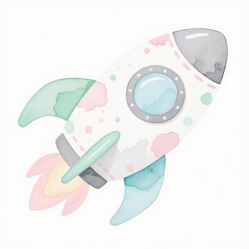 Watercolor rocket illustration in pastel colors, cute space ship clipart, whimsical nursery art for kids decor and invitations isolated PNG with Transparent Background