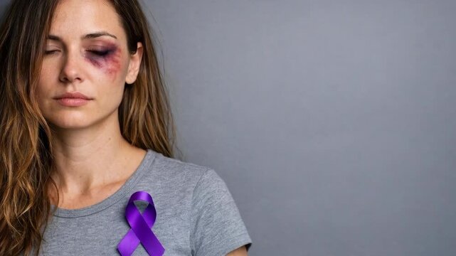 Portrait of a Woman with a Bruised Eye and a Purple Awareness Ribbon