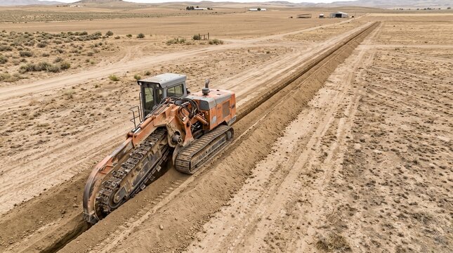 Modern chain trencher cutting a perfectly straight narrow trench through dry compacted soil, with the excavation line extending across an open rural worksite