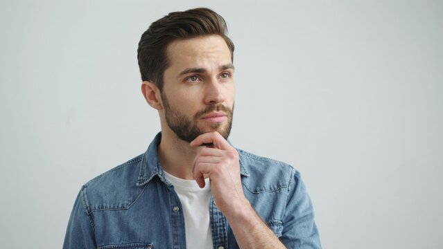 Thoughtful young man with a neat beard wears a blue denim shirt while contemplating ideas against a plain background