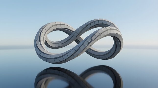 Gray infinity symbol with a reflective surface appears in a 3d render