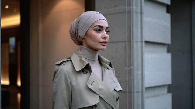 Emerging woman in headscarf stepping through doorway, turning head right, wearing beige trench coat