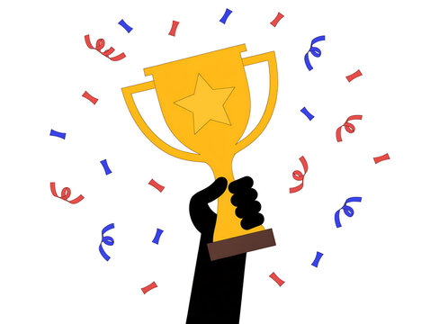  A Flat minimalist vector illustration of a hand holding a gold trophy cup with flying red and blue confetti on white background.