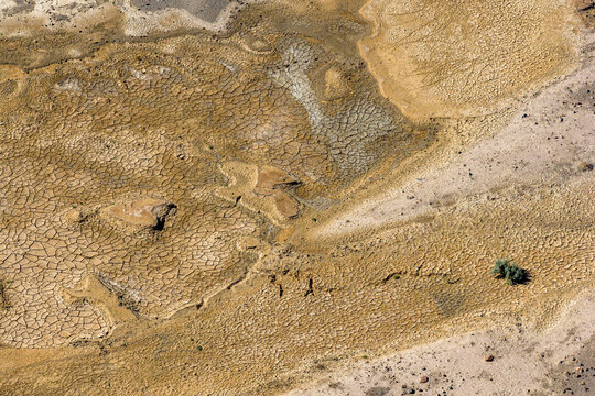 Aerial view of the cracked and parched earth of the Atacama desert with arid textures and sparse vegetation in Chile.